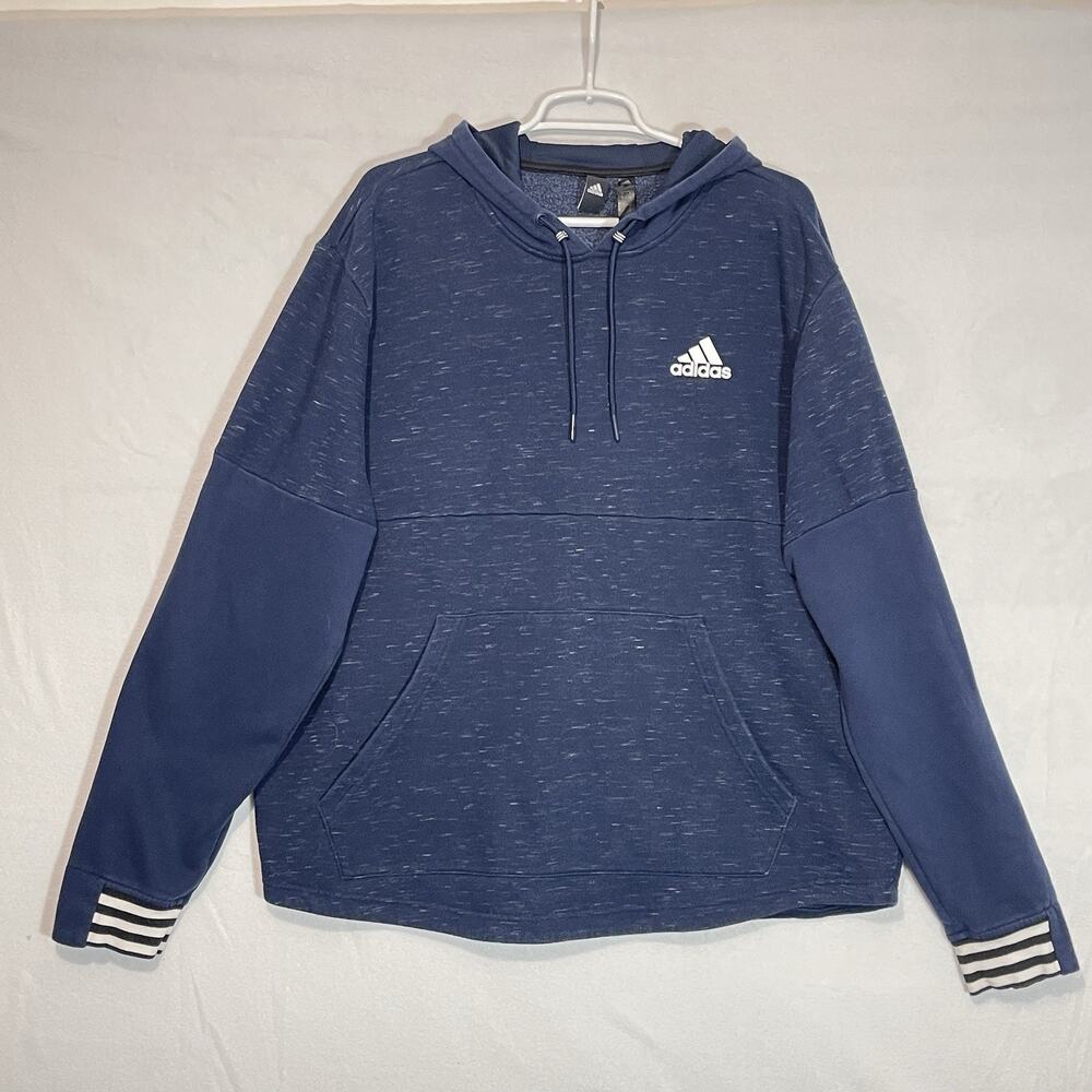 Adidas Hoodie Mens Blue Knit Pullover Long Sleeve Sweatshirt Front Pocket Baggy